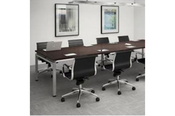 12' dark wood conference table with 8 leather wheel chairs