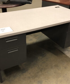 desk with white slate top and gray metal base with a set of gray metal drawers